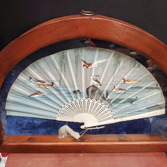 Vintage Framed Asian Chinese Fan Woodland Water Fowl Shadowbox - Picture 5 of 11